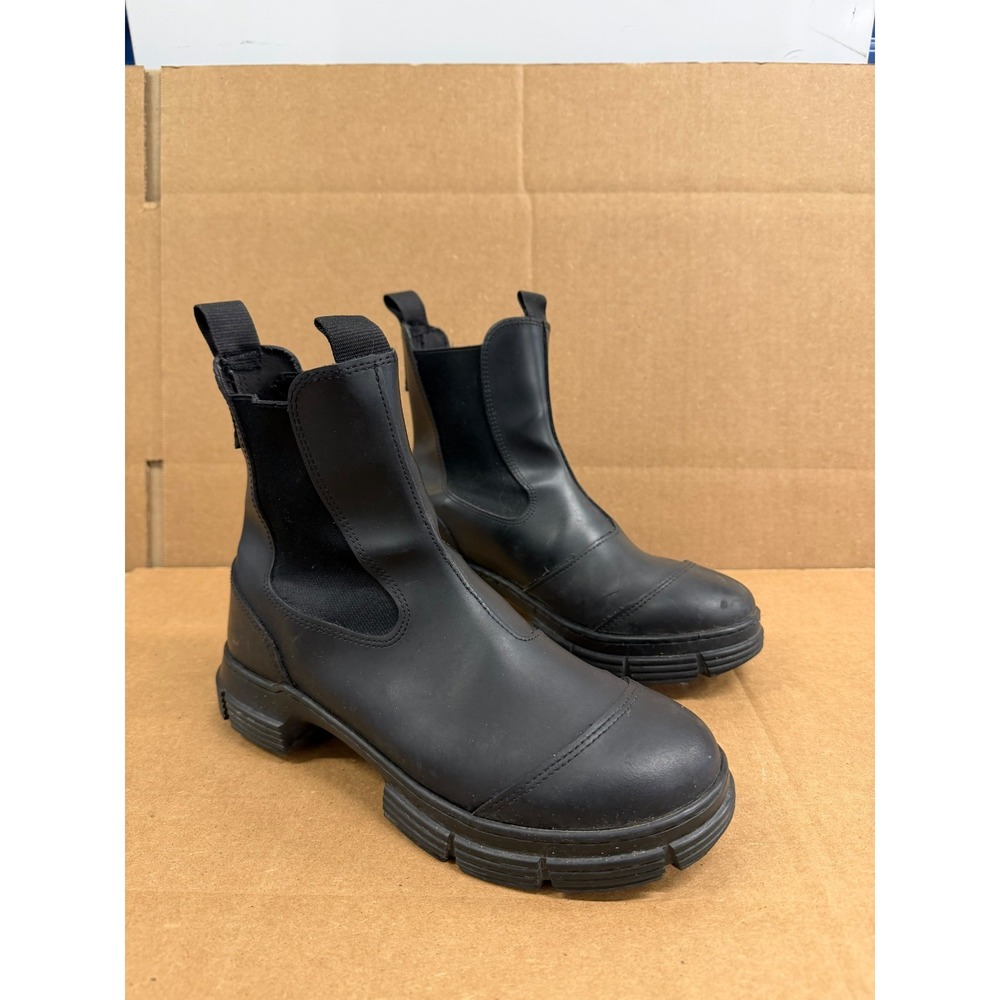 Ganni City Recycled Rubber Chunky Ankle Chelsea Boot Black Womens Size 39 EU
